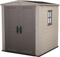 Keter Factor 8x8 Ft All-Weather Storage Shed with Skylight, Window, Built-in Ventilation, Customizable Walls, & Lockable Double Doors, Brown