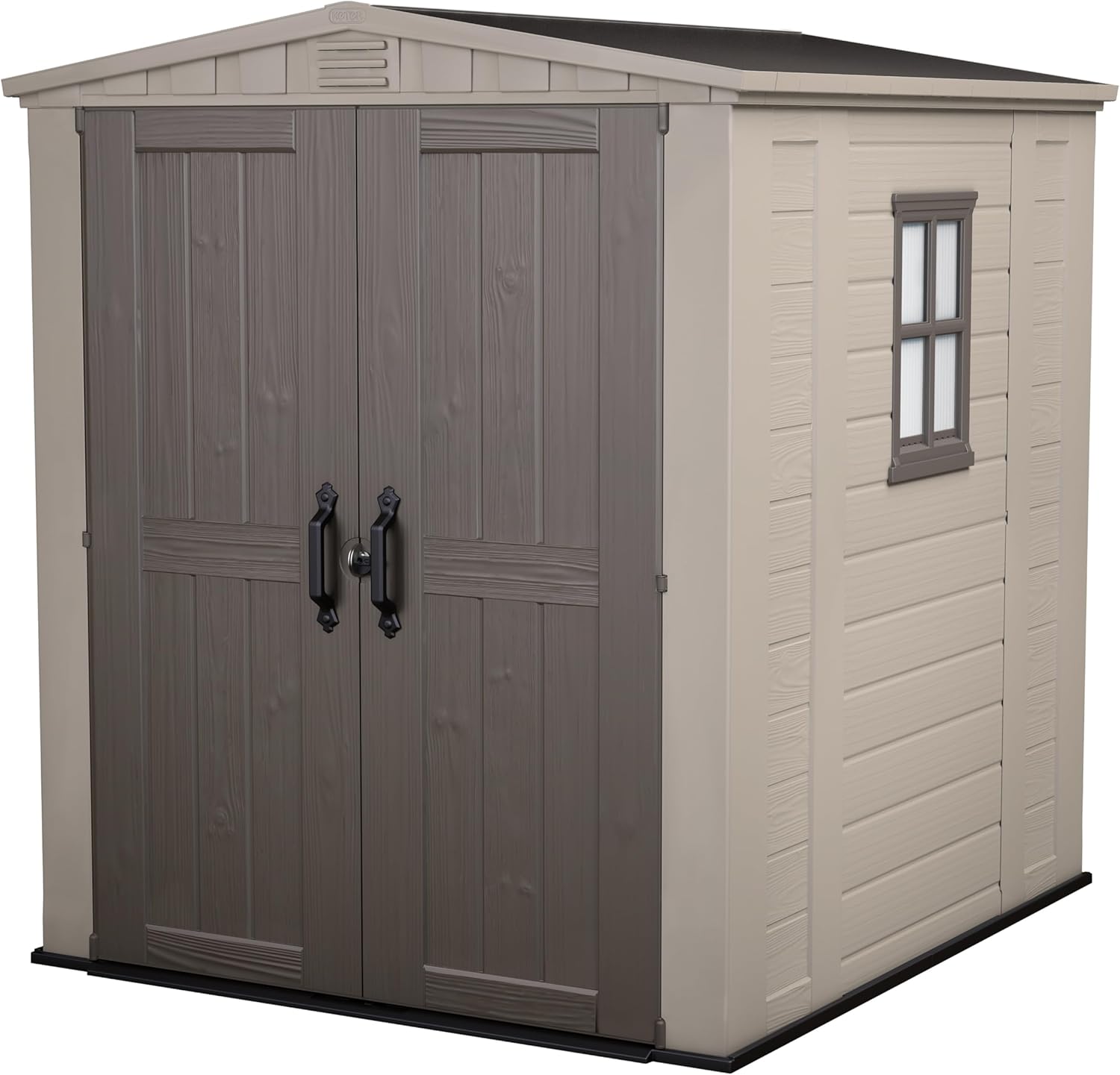 Keter Factor 8x8 Ft All-Weather Storage Shed with Skylight, Window, Built-in Ventilation, Customizable Walls, & Lockable Double Doors, Brown