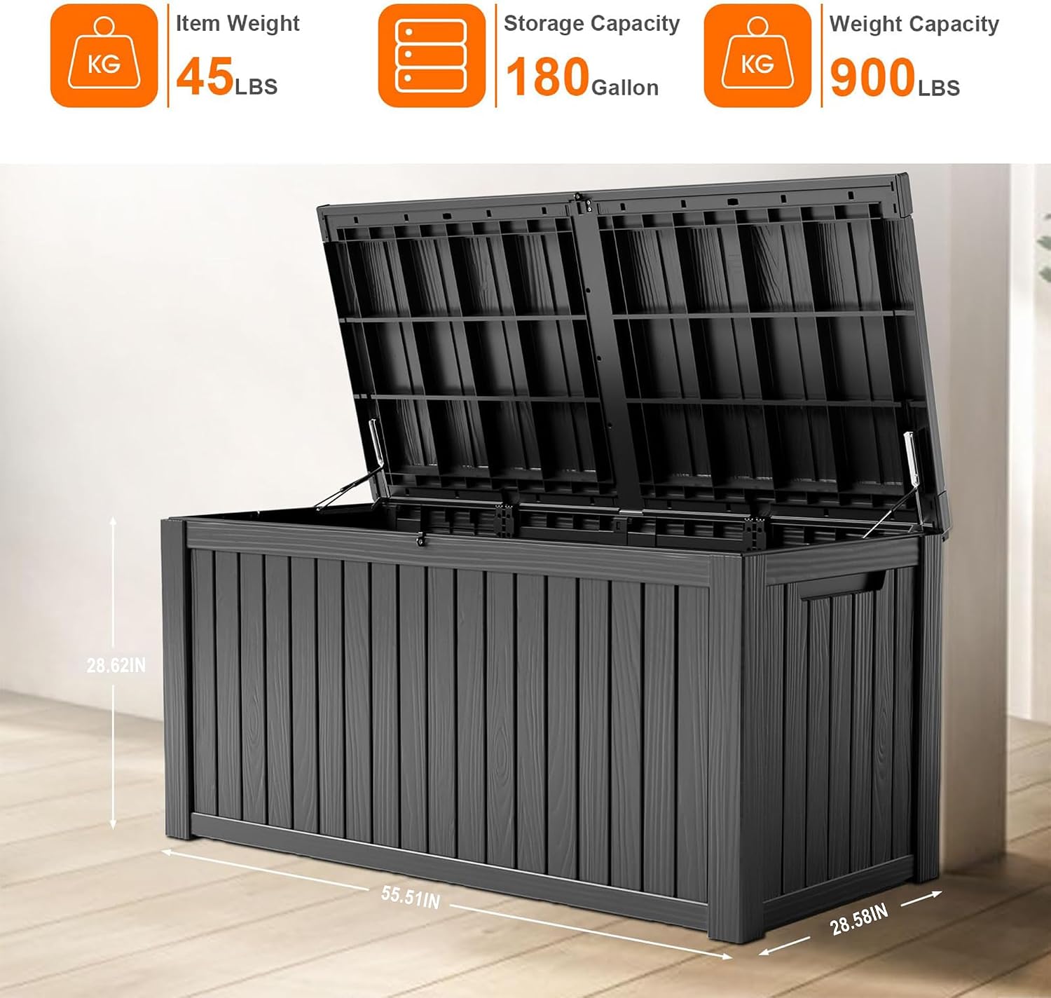 180 Gallon Waterproof Outdoor Storage Box,Resin Deck Box,Lockable Outside Storage Box Container for Patio Furniure,Garden,Tools (180 Gallon,Black)