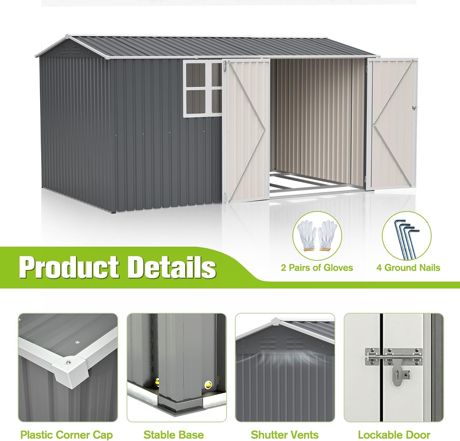 12' x 8' Outdoor Storage Shed with Floor, Waterproof Metal Garden Shed with Windows, Lockable Doors, and Sloped Roof for Patio, Backyard, Lawn, Tool Storage