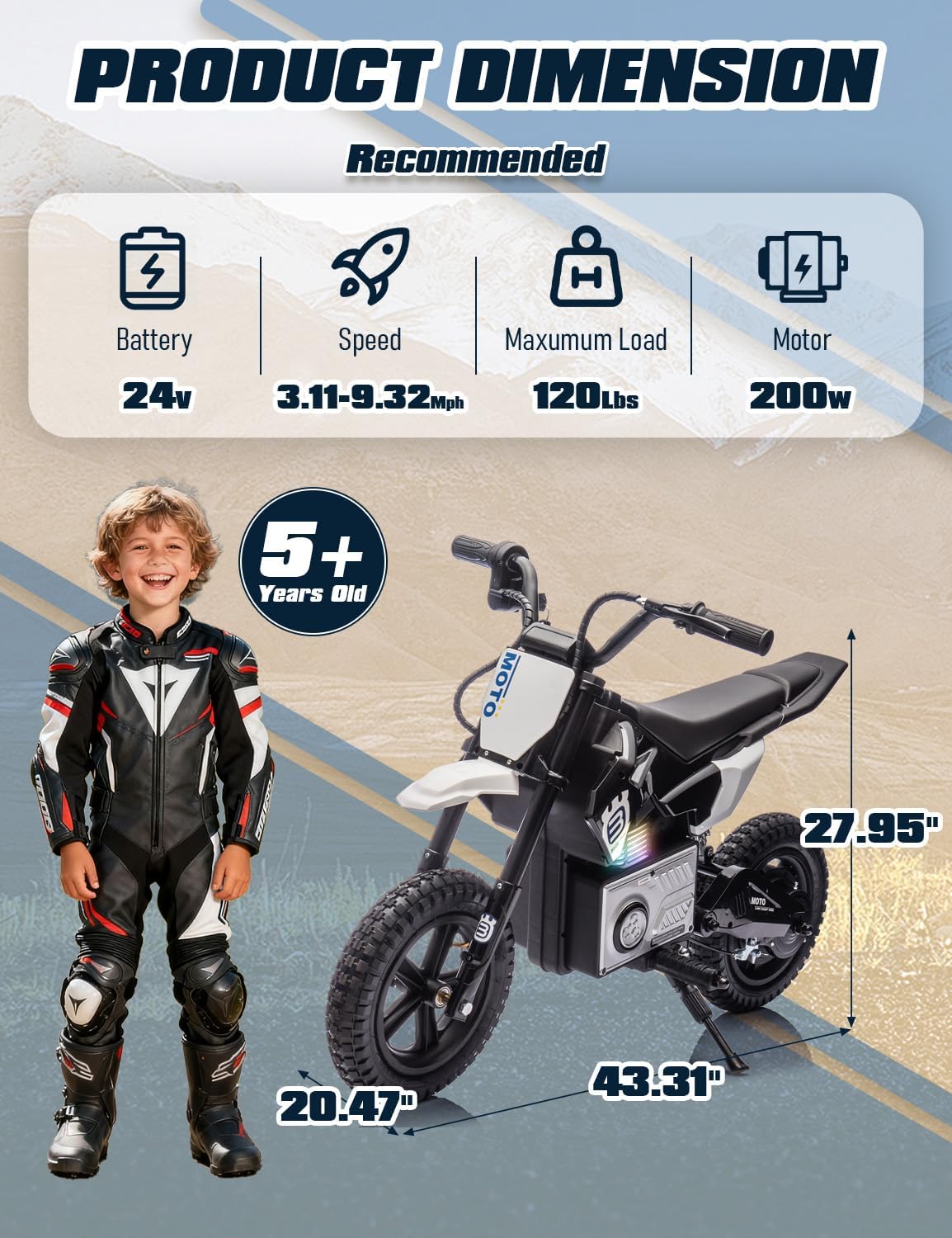Electric Motorcycle for Kids Ages 5-10, 24V 200W Higher Speed Electric Dirt Bike, Kids Ride On Motorcycle with Rear Wheel Shock Absorber, LED Breath Light, Bluetooth, Music, Horn, Black