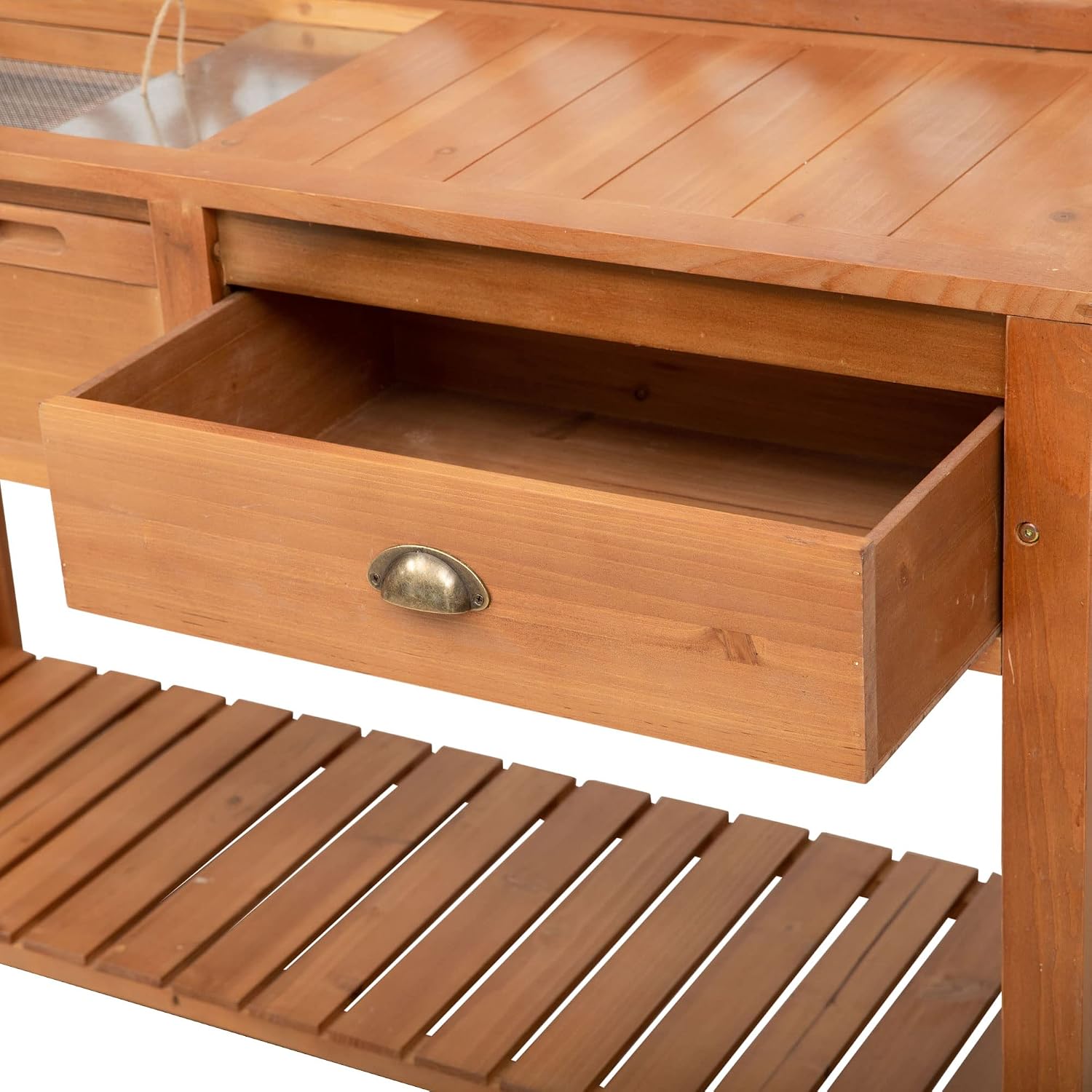 Outsunny Garden Potting Bench, Outdoor Wooden Workstation Table w/Metal Screen, Drawer, Hooks, Storage Shelf, and Lattice Back for Patio, Backyard and Porch, Natural