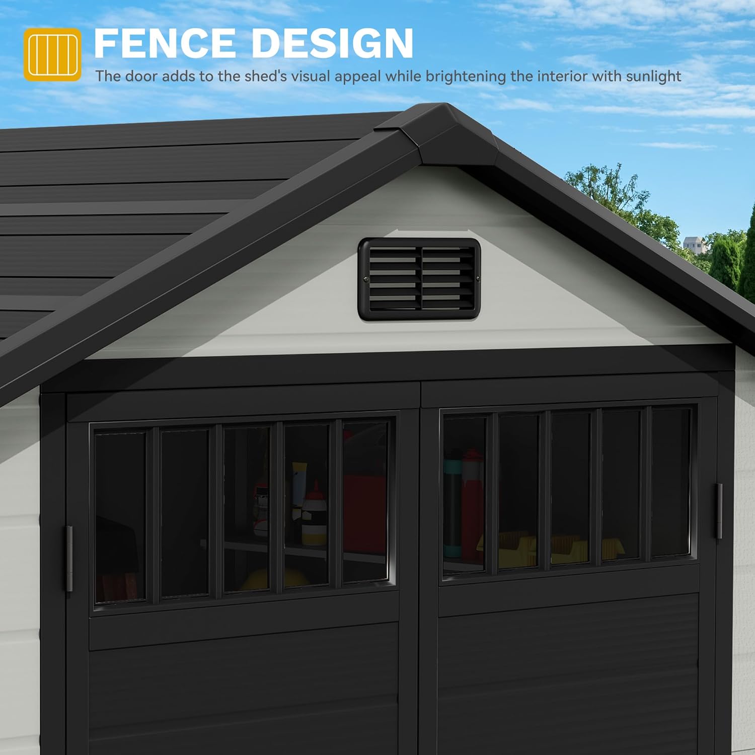 DWVO 6x4.4 FT Resin Storage Shed with Fence-Style and Side Windows, Lockable Door, and Vents Outdoor Storage Shed for Garden, Backyard, Patio, Lawn