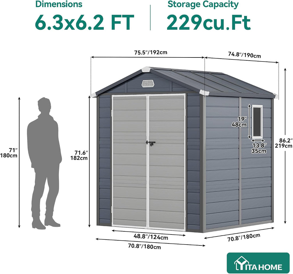 YITAHOME 6x6FT Resin Storage Unit sans Flooring, All-Weather Plastic Shed with Window, Vents and Secured Doors, Outdoor Plastic Tool Cabin for Poolside, Lawn, Backyard, Patio, Dark Gray