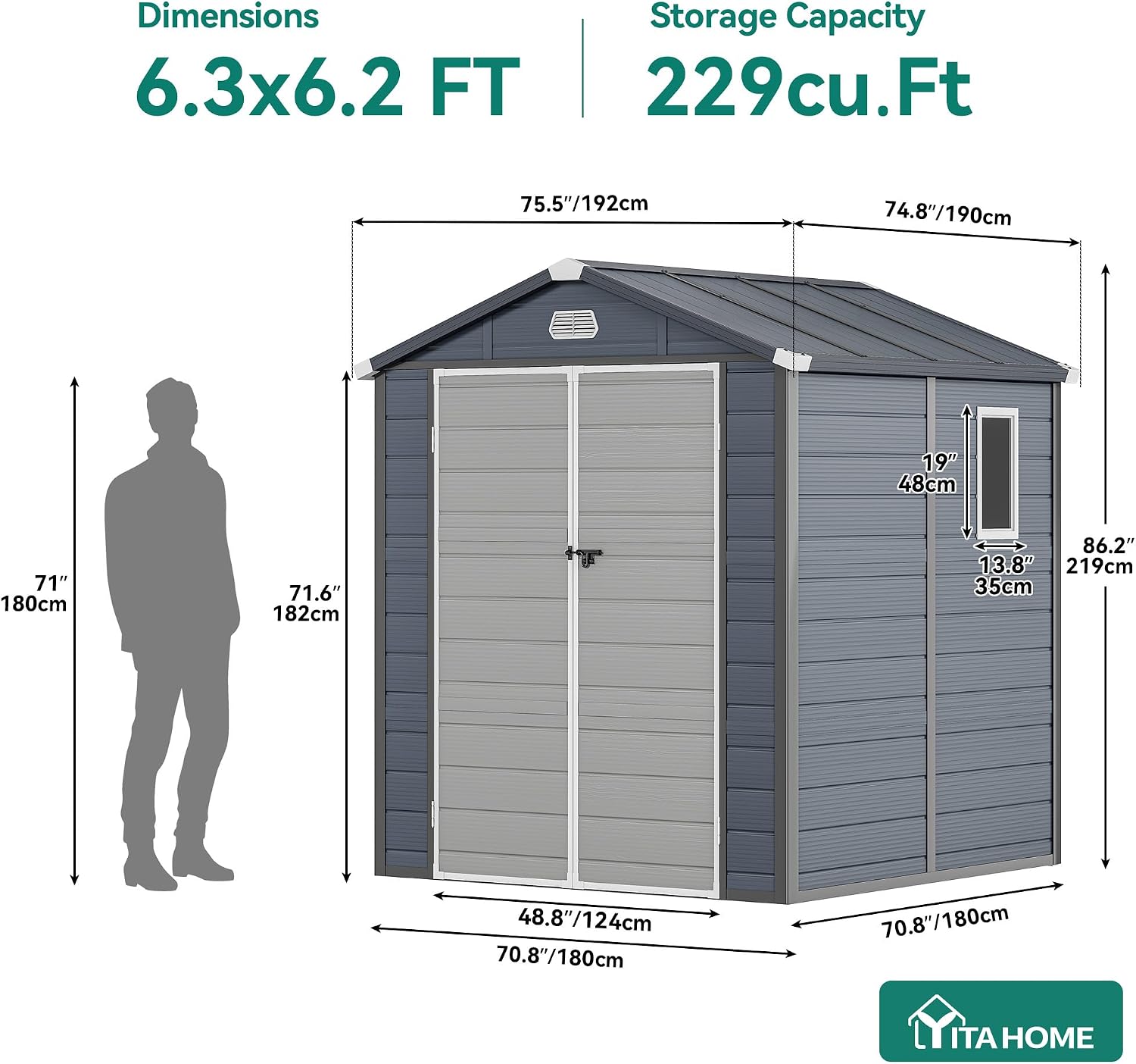 YITAHOME 6x6FT Resin Storage Unit sans Flooring, All-Weather Plastic Shed with Window, Vents and Secured Doors, Outdoor Plastic Tool Cabin for Poolside, Lawn, Backyard, Patio, Dark Gray