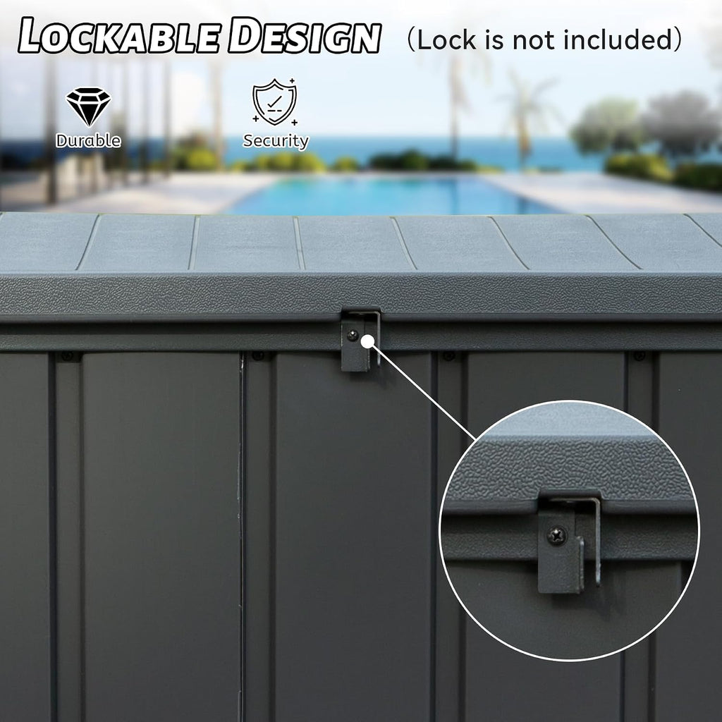 Domi 120 Gallon Deck Box, Outdoor Metal Lockable Storage Cabinet with Resin Lid, Waterproof Steel Outdoor Bench with Lockable Lid, Side Handles for Outside Cushions, Pillows, Garden Tools, Grey