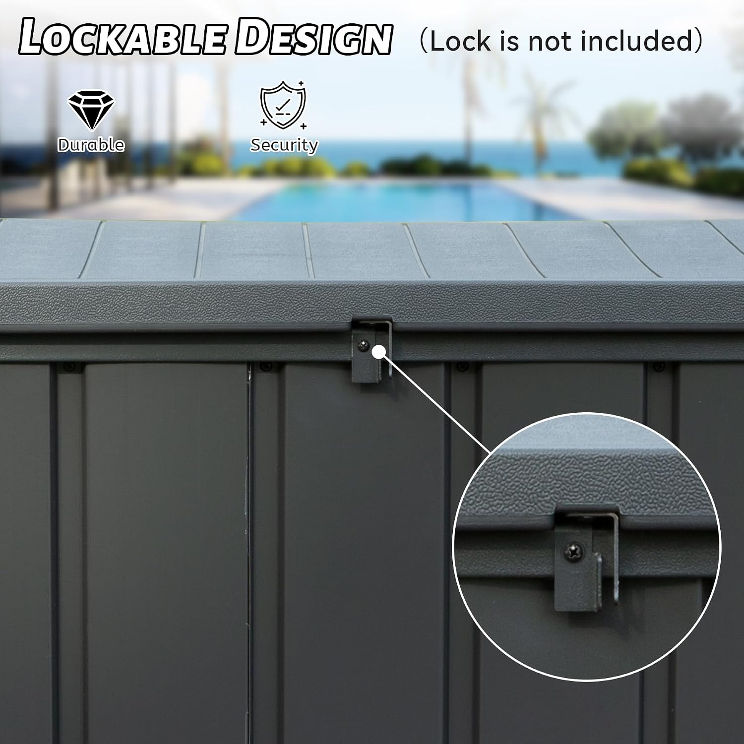 Domi 120 Gallon Deck Box, Outdoor Metal Lockable Storage Cabinet with Resin Lid, Waterproof Steel Outdoor Bench with Lockable Lid, Side Handles for Outside Cushions, Pillows, Garden Tools, Grey