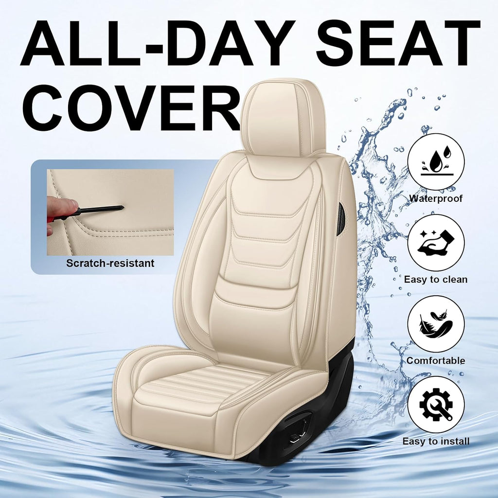 DHAEY Car Seat Covers for Volkswagen Atlas 2018-2025, Family Seat Covers, Nappa Leather, Wear-Resistant, Anti-Slip, Waterproof, 5PCS Full Set, Beige