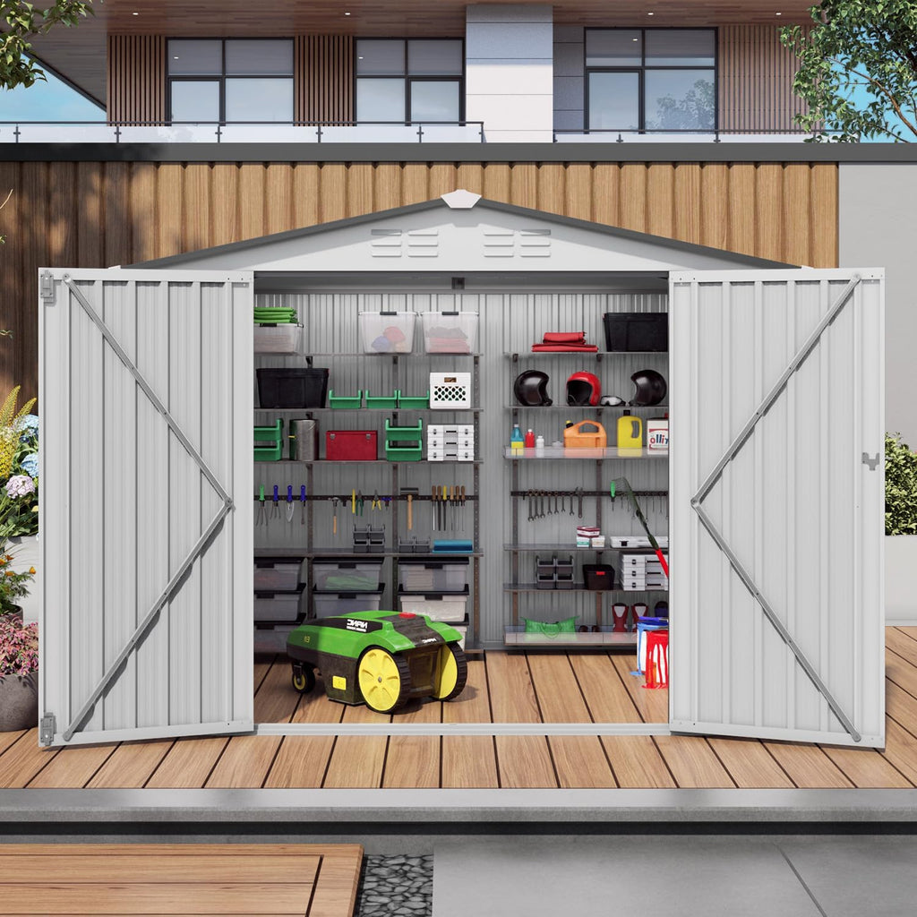 8x6 FT Outdoor Storage Shed, Metal Garden Shed with Window, Outside Tool Sheds with Lockable Hinged Doors, Waterproof Storage Building with 4 Air Vents for Backyard, Patio, Lawn, White