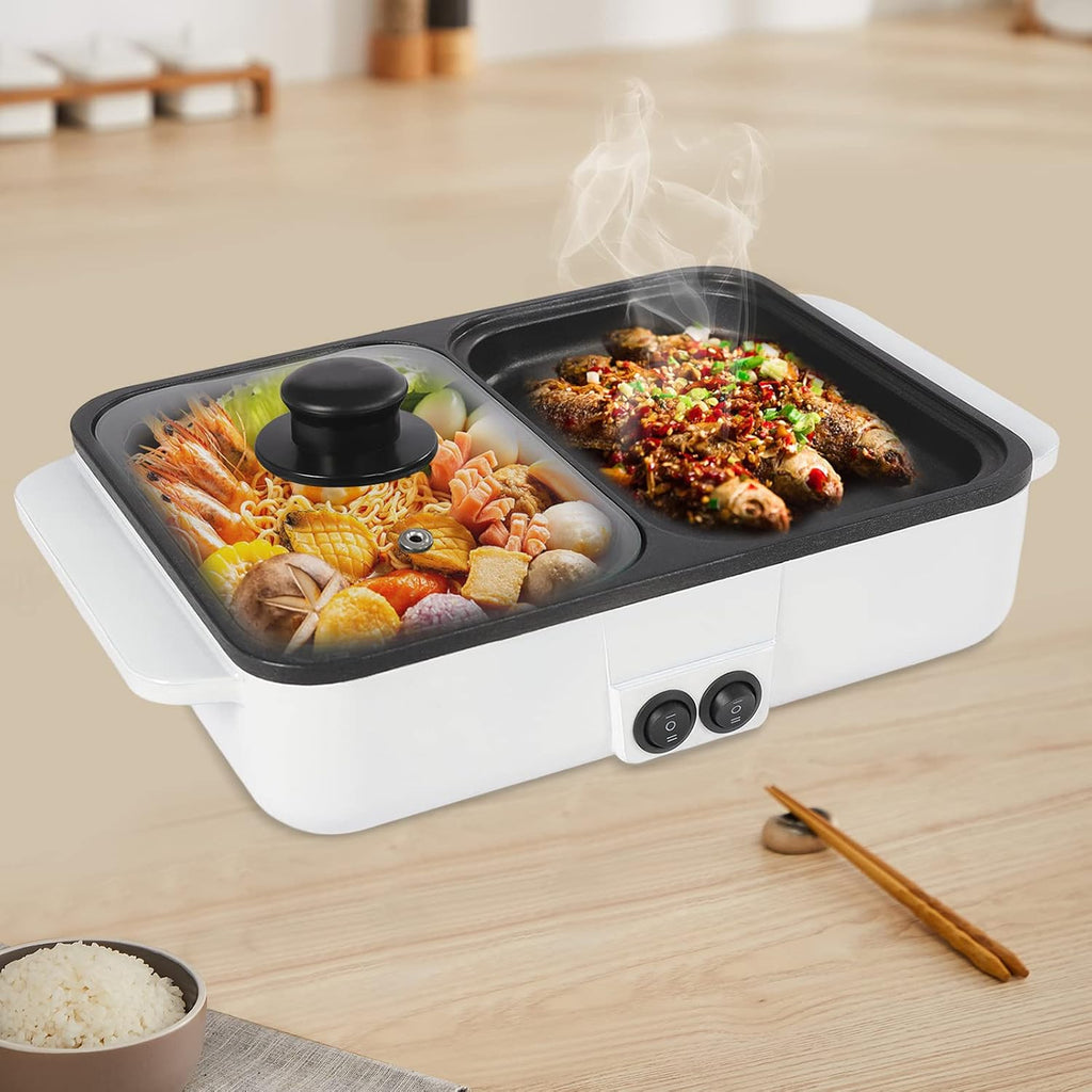 Hot Pot Electric with Grill, 2 in1 Indoor Non-Stick Shabu Shabu Pot & Frying Pan, Portable Mini Hot Pot Korean BBQ w/Individual Dual Temperature Control, 1-3 People