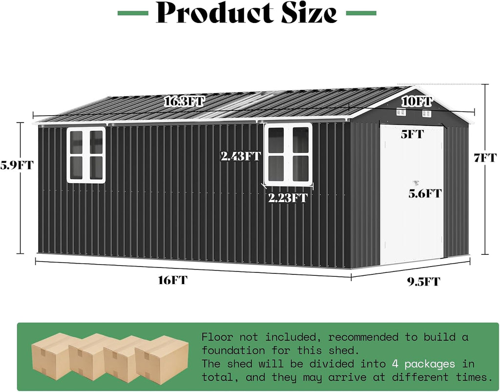 AMERLIFE 10x16x7 FT Outdoor Storage Shed with 2 Transparent Panels, Metal Garden Shed with Hinged Double Doors, 4 Windows & 4 Vents, Reinforced Steel Frame for Backyard, Garden, Dark Gray