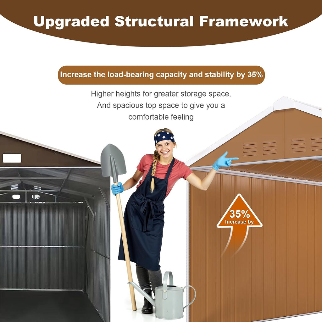 12x8 FT Heavy-Duty Metal Tool Shed with Windows, Lockable Door & Ventilation, Weatherproof Outdoor Garden Storage Shed for Backyard, Lawn, and Tool Organization, Brown