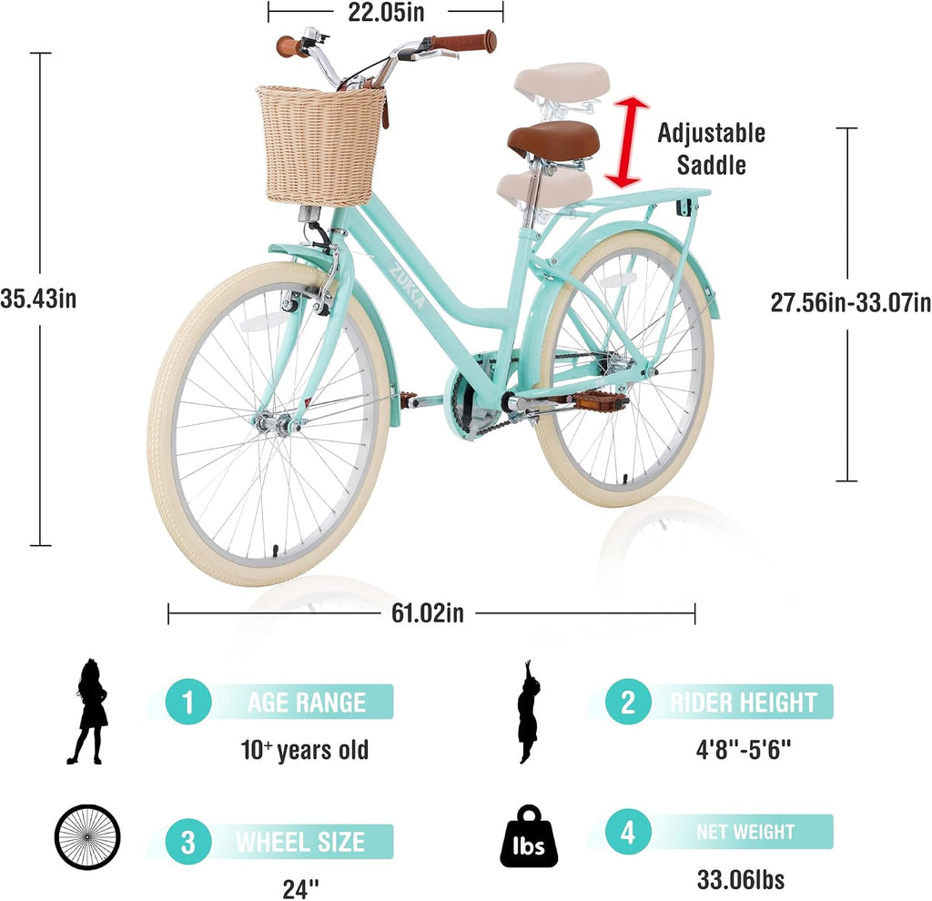 20'/24' Inch Girls Cruiser Bike 1-Speed Hybrid City Bicycle for Youth 7-10+ Years Old with Wicker Basket & Rear Rack，Kids Cycle Bikes，Hand&Pedal Brake，Steel Frame，Multiple Colors