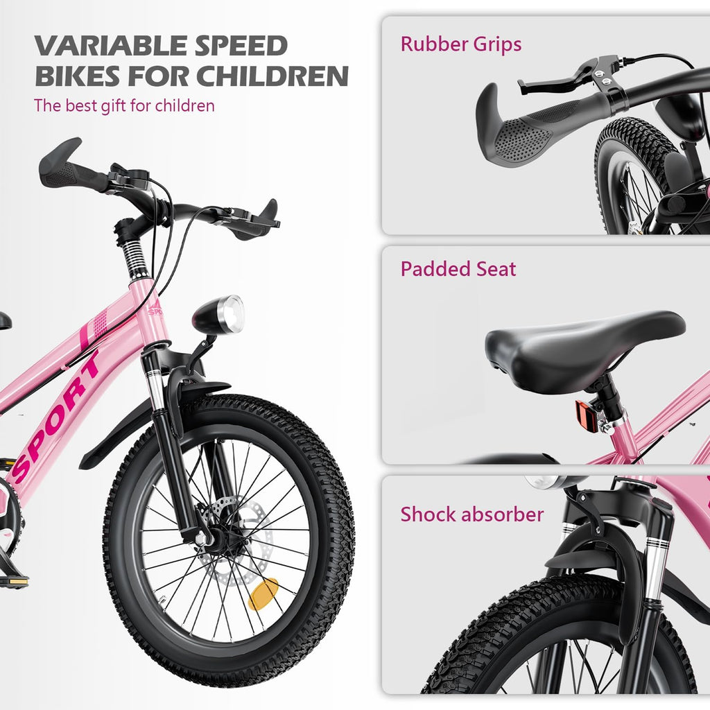 20 Inch Mountain Bike Bicycle for Kids Ages 7-12 with Dual Disc Brakes, 7 Speeds, Shock Absorber, LED Lights,for Boys & Girls