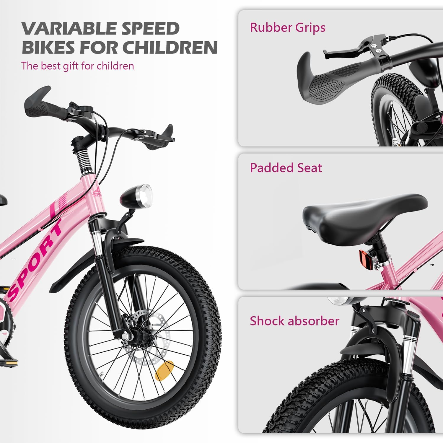 20 Inch Mountain Bike Bicycle for Kids Ages 7-12 with Dual Disc Brakes, 7 Speeds, Shock Absorber, LED Lights,for Boys & Girls