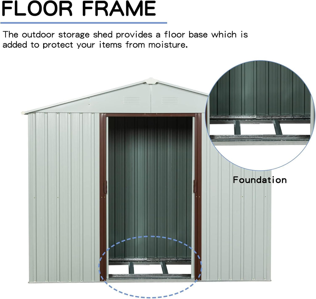 6 x 5 FT Outdoor Storage Shed, Metal Garden Shed with Floor Frame, Tool Shed Outdoor Storage with Lockable Sliding Doors & Air Vents, Storage House Waterproof for Backyard, Lawn, White