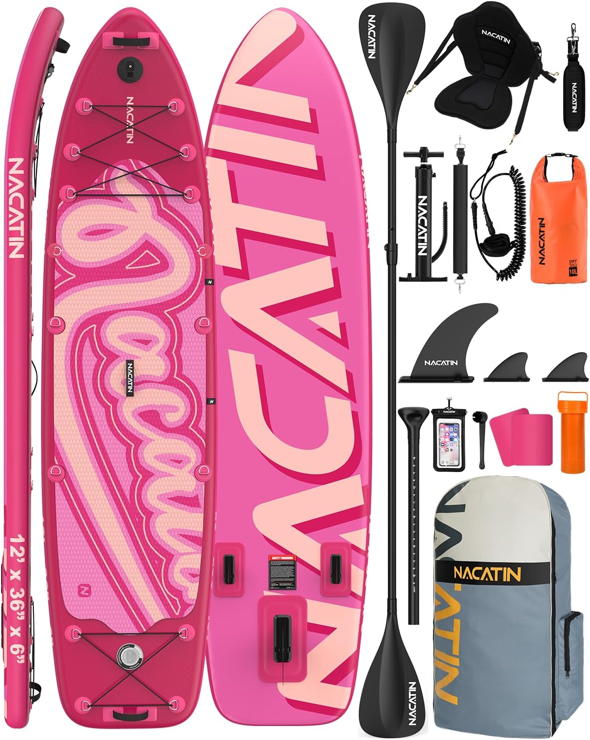 NACATIN 12'/366cm Extra Large Inflatable Stand Up Paddle Board with Seat, Wide 36'/91cm SUP Board for Adults & Family, with Single/Double Paddle, Kayak Seat, Pump, Stable Wide Deck for Beginners