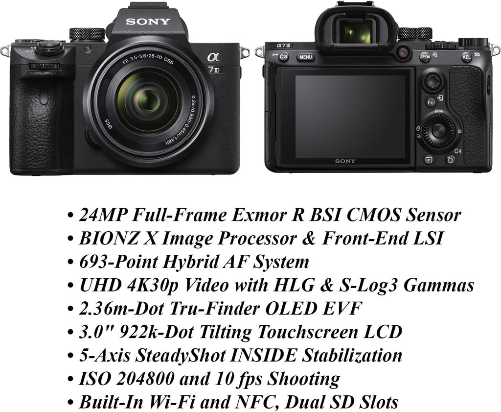 Sony a7 III Full-Frame Interchangeable Lens Camera 24MP 4K w/Sony 28-70mm and 55-210mm f/4.5-6.3 OSS Lenses+420-800mm f/8.3 Telephoto Lens+PRO Accessory Bundle (Renewed)
