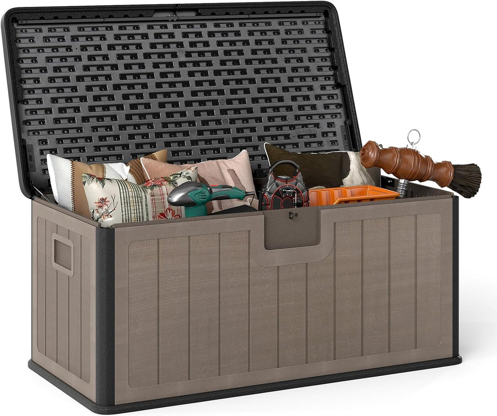 HAPPYGRILL Outdoor Storage Deck Box with Lockable Design & Gas Strut, Handle, 100 Gallon HDPE Patio Storage Organizer for Lawn Backyard Poolside (Black Brown)
