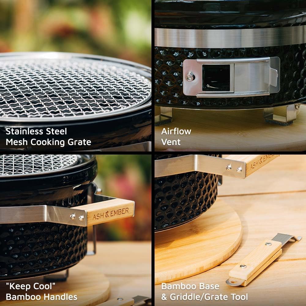 Ash & Ember 14' Hibachi Tabletop Grill & Griddle Set, Ceramic Charcoal Grill, Stainless Steel Cooking Grate, Non-Stick Maifan Griddle, Griddle Lifter, Adjustable Temp Control