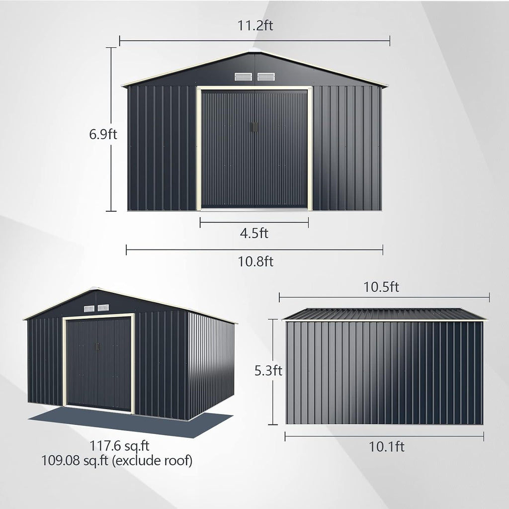 Goplus Outdoor Storage Shed, 11' X 10' Metal Garden Shed with 4 Vents & Double Sliding Door, Utility Tool Shed Storage House for Backyard, Patio, Lawn