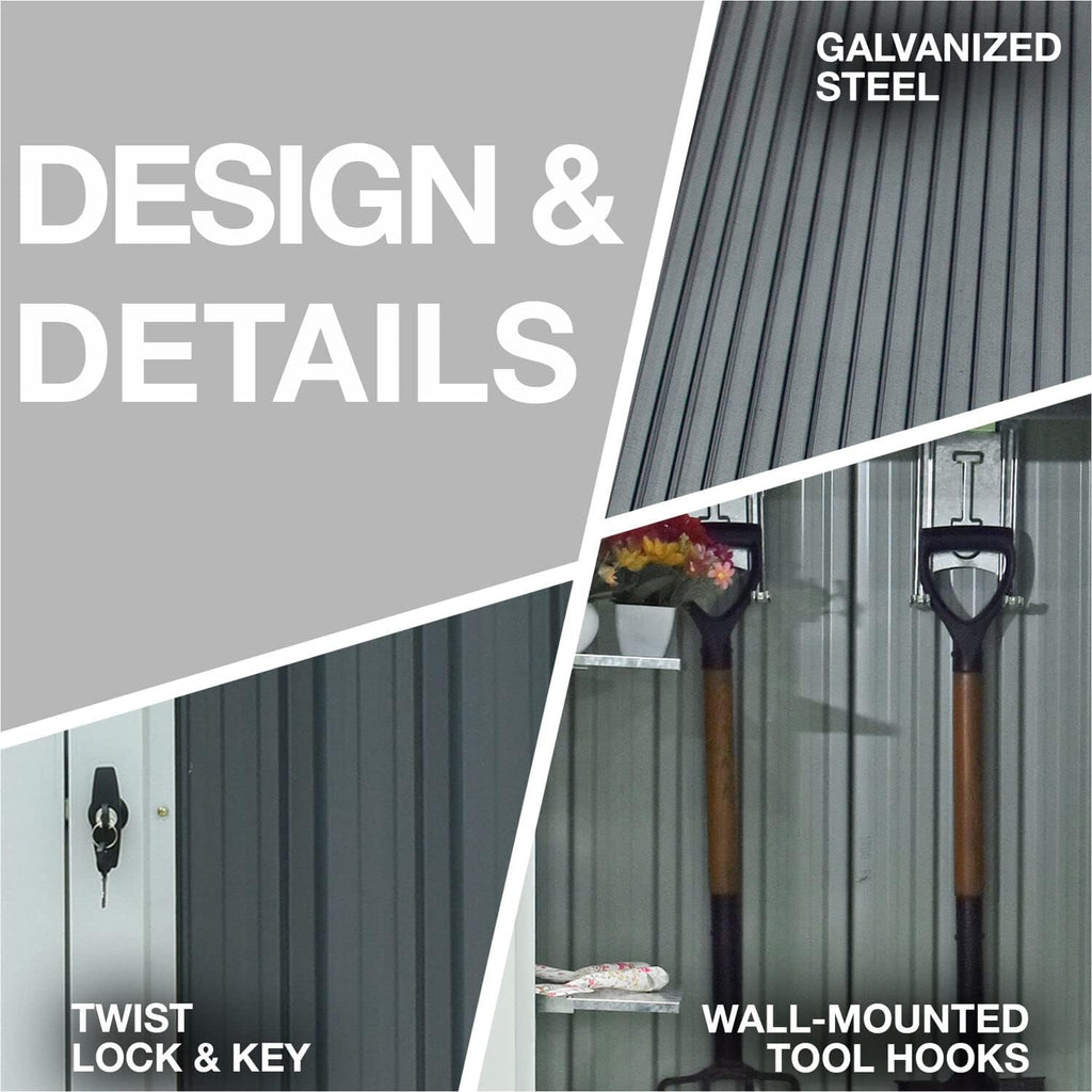 Hanover Galvanized Steel Single Door Patio Storage Shed for Garden Tools with Twist Lock and Key Security, 2 Tool Hooks (3'x3'x6') Dark Gray, White Rust Resistant Outdoor Storage for Yard Supplies