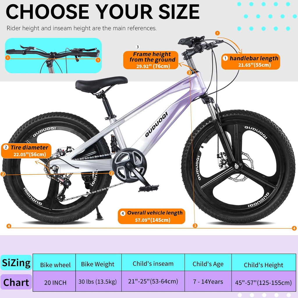 20 Inch Mountain Bike Bicycle for Kids Ages 7-12 with Dual Disc Brakes, 7 Speeds, Shock Absorber, LED Lights,for Boys & Girls