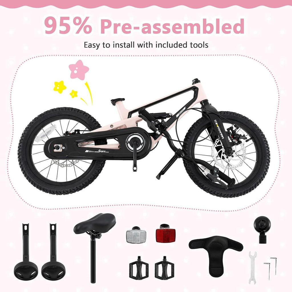 BABY JOY Kids Bike, 16' Magnesium Sporty Bicycle with Dual Disc Brakes, Removable Training Wheels, Body Suspension, Adjustable Handlebar & Saddle, Girls Boys Bike