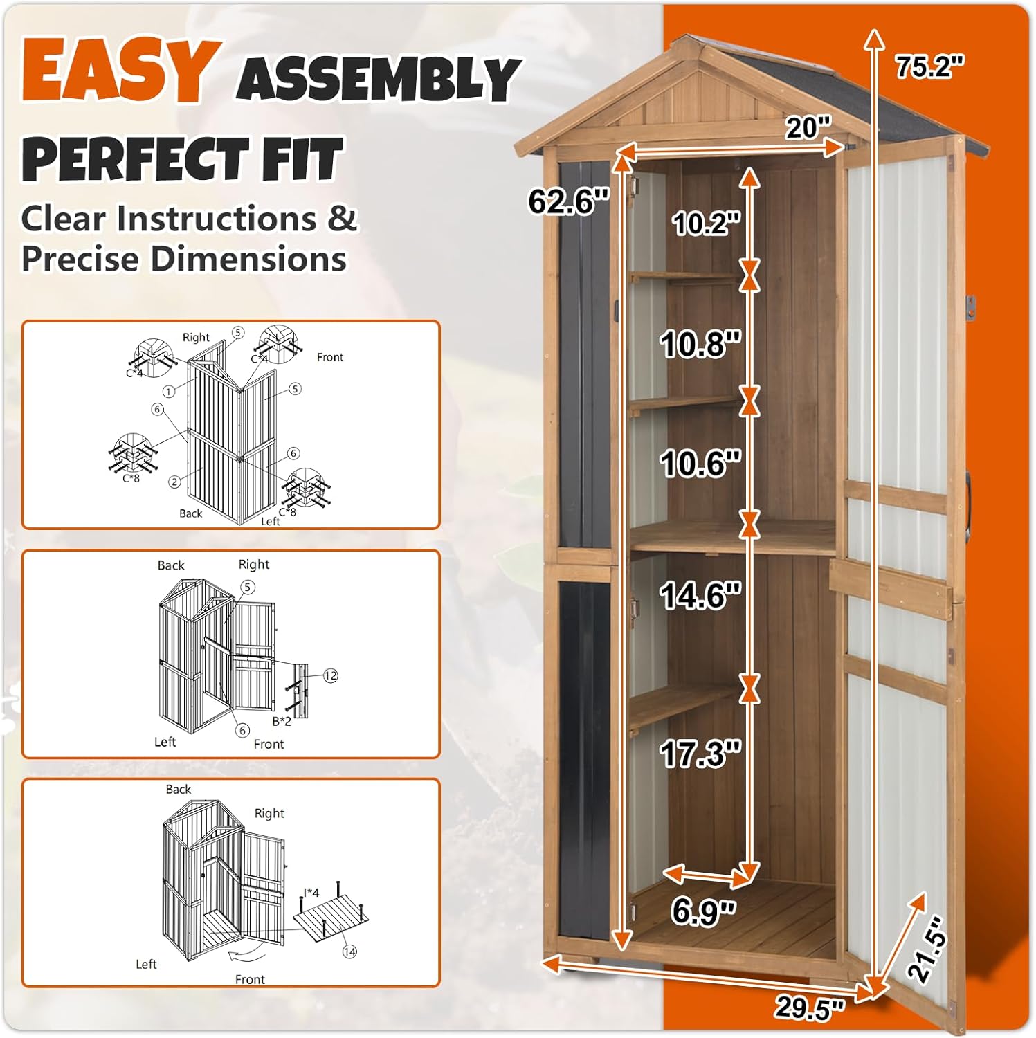 4-Tier Metal & Wood Outdoor Storage Cabinet with Reinforced Frame, Weatherproof Asphalt Roof, Adjustable Shelves, Lockable Doors for Patio, Garden, Garage Organization