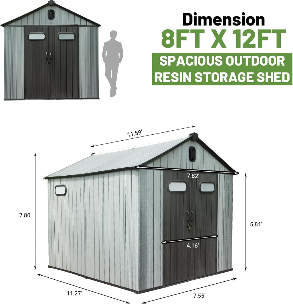 8X12FT Outdoor Resin Storage Shed Waterproof, Waterproof Plastic Garden Shed with Lockable Door, Windows & Vents, Outside Tool Storage Shed for Patio Furniture, Lawn Mower