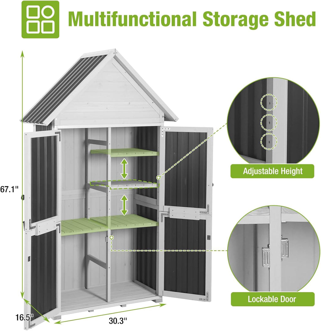 Outdoor Storage Shed with Metal and Wood Frame, Weatherproof Resin Panel and Roof Garden Sheds Garden Sheds with Adjustable Shelves, Tool House with Elevated Floor for Backyard Garden(Black)