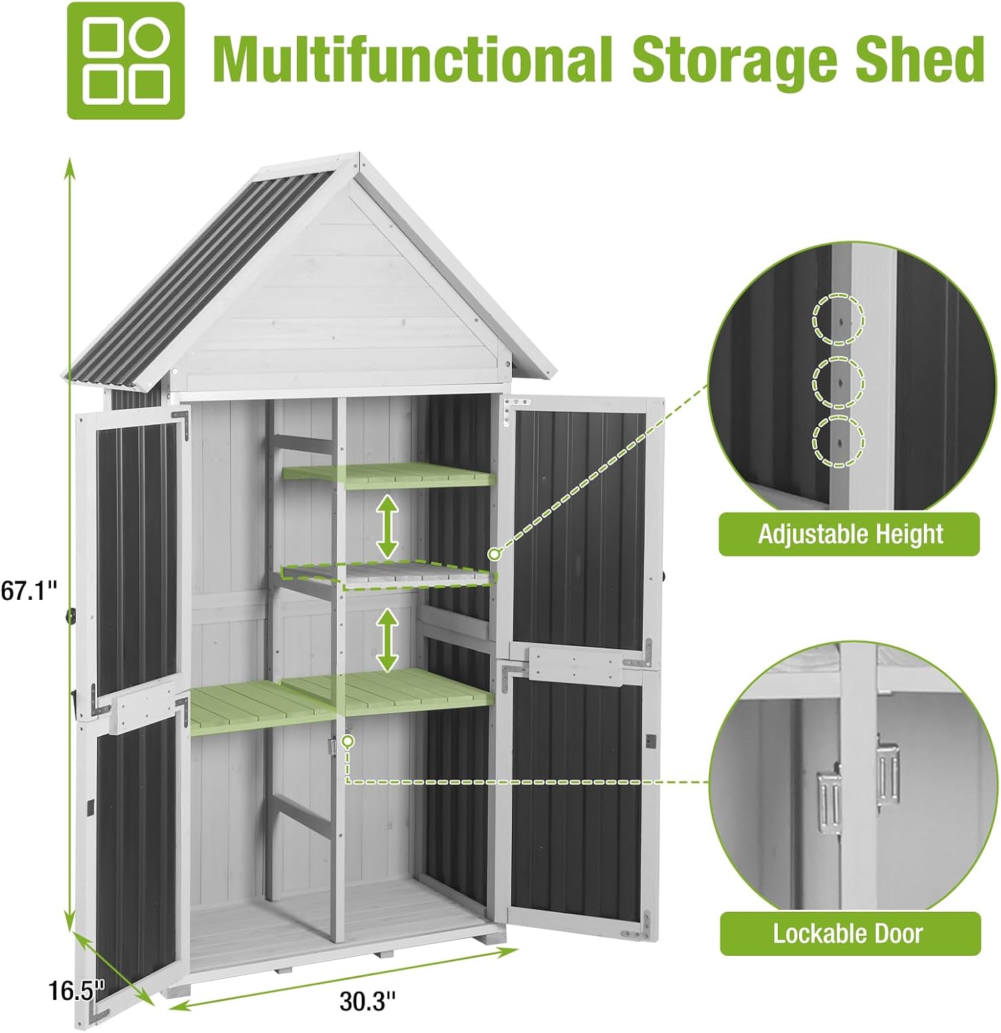 Outdoor Storage Shed with Metal and Wood Frame, Weatherproof Resin Panel and Roof Garden Sheds Garden Sheds with Adjustable Shelves, Tool House with Elevated Floor for Backyard Garden(Black)