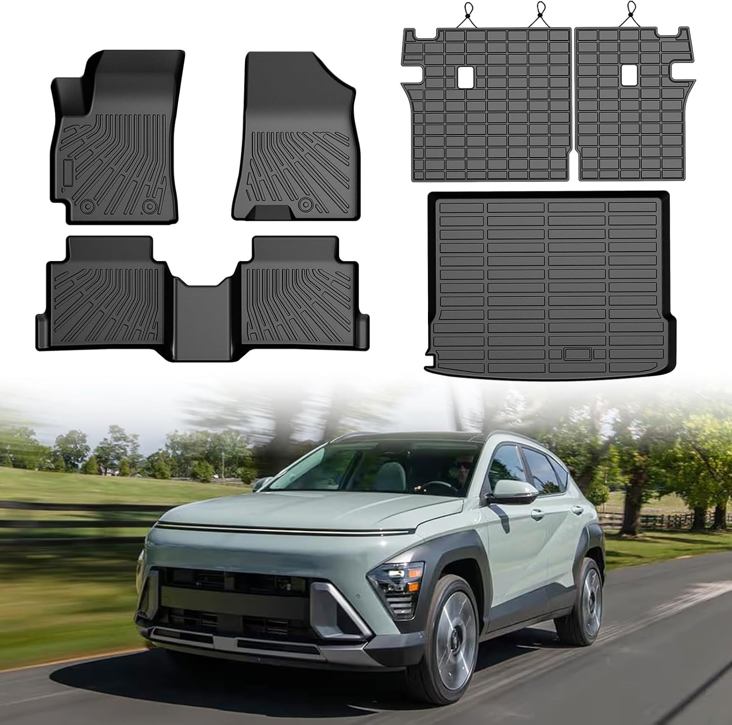 Mixsuper Floor Mat & Cargo Liner for Hyundai Kona(No for EV) 2024 2025 2026,All Weather TPE Floor Liners with Trunk Mat & Backrest Protectors,Kona Accessories,Anti-Slip Floor Liners Set, Black