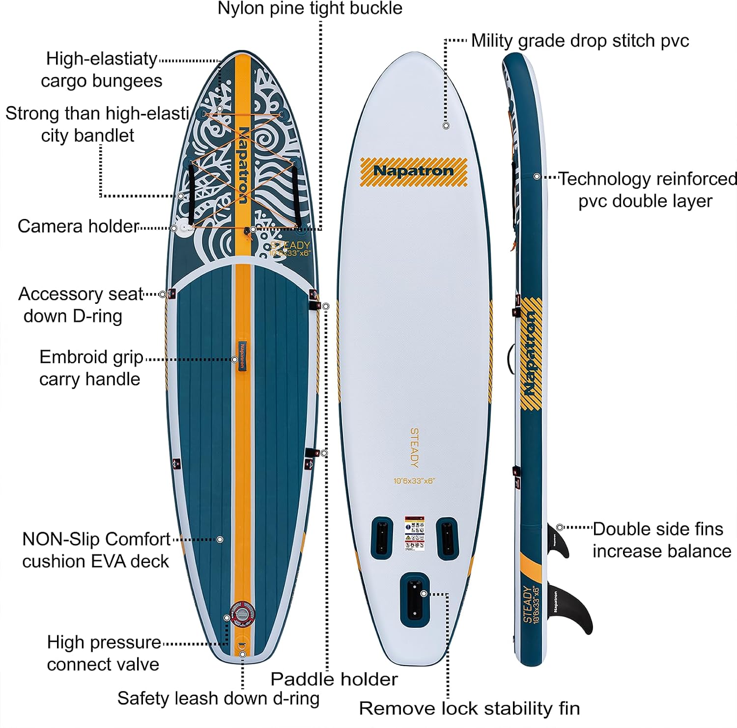 Napatron Inflatable Paddle Board, 10'6' Ultra Lightweight SUP with Adjustable Paddle, Anti-Slip Deck,Coiled Leash & Carry Bag,Stable All-Around Stand Up Paddle Board for Adults