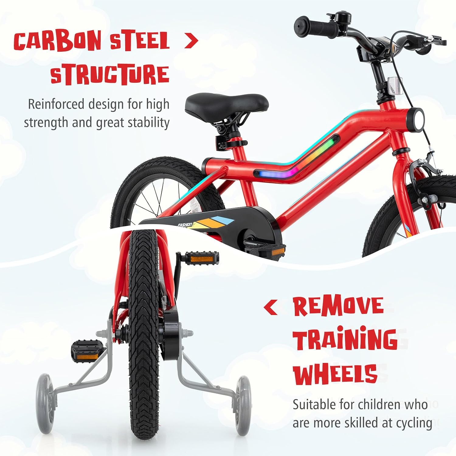 BABY JOY Lighted Kids Bike, 16 18 Inch Children Bicycle with 7-Mode LED Lighted Frame, Headlight, Flash Training Wheels, Dual-Brake, 95% Pre-Assembled, Girls Boys Bike for 4-8 Years