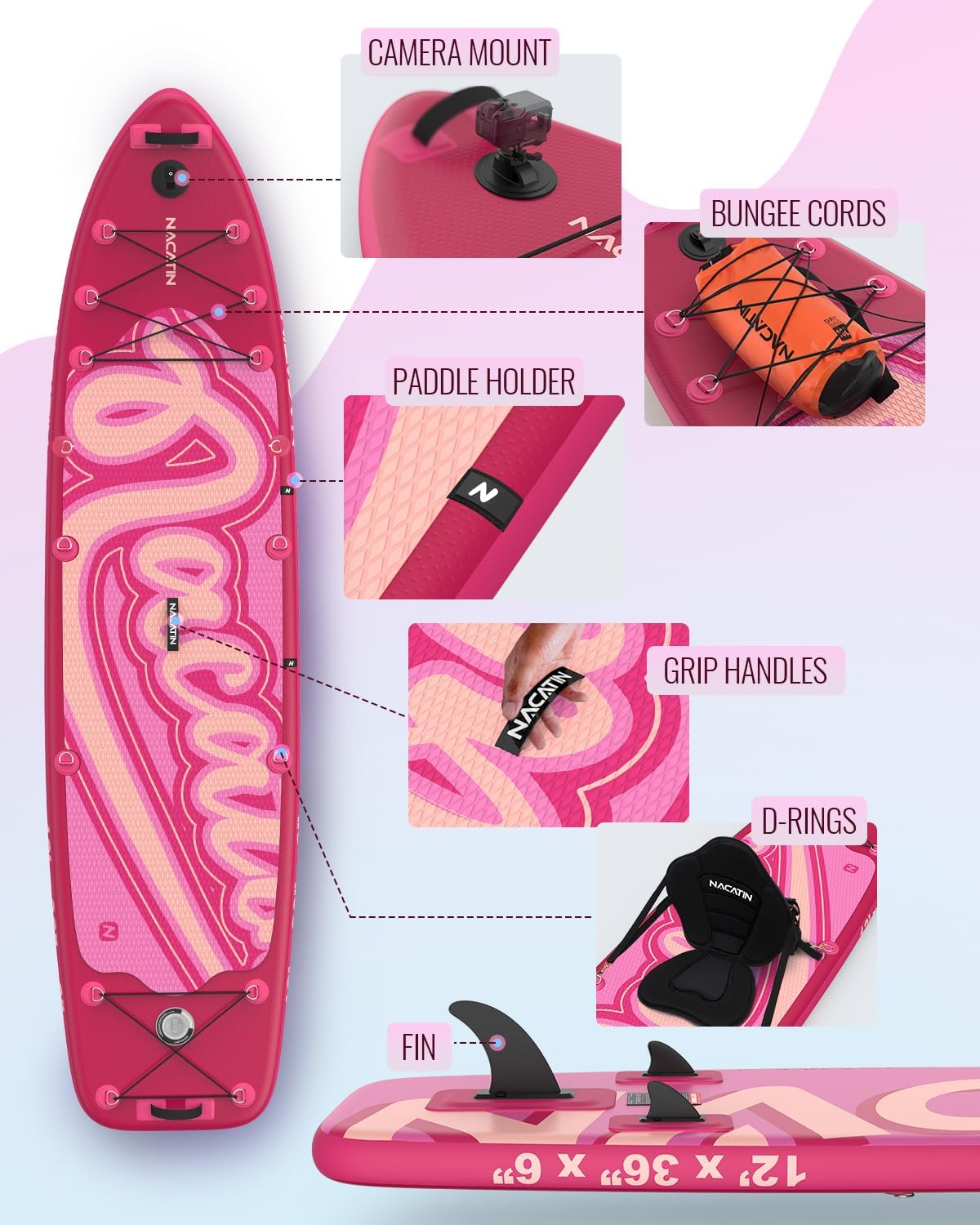 NACATIN 12'/366cm Extra Large Inflatable Stand Up Paddle Board with Seat, Wide 36'/91cm SUP Board for Adults & Family, with Single/Double Paddle, Kayak Seat, Pump, Stable Wide Deck for Beginners