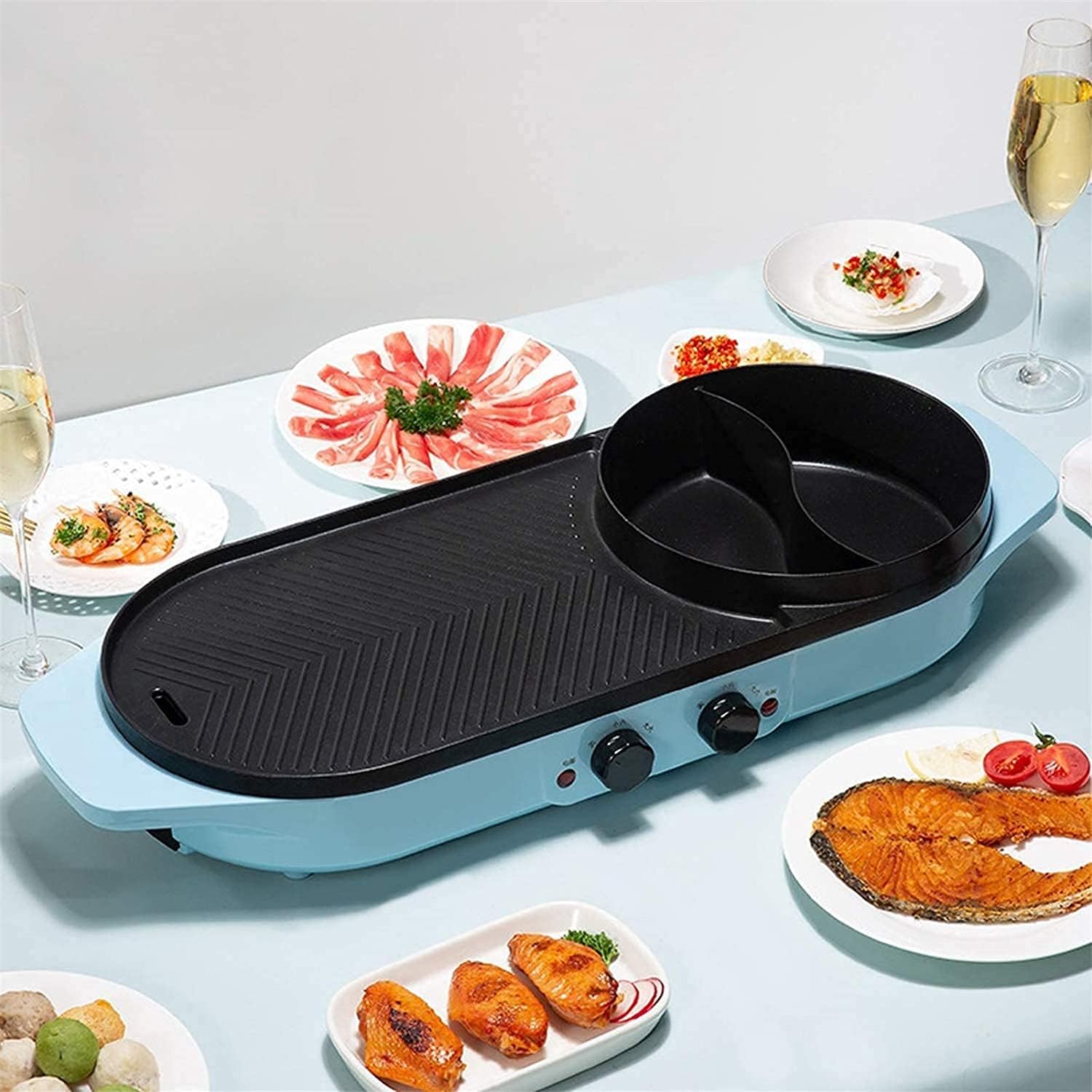 Indoor Korean Barbecue Grill Indoor Korean Bbq Grill, Portable Electric Grill, Electric Barbecue Pot, Teppanyaki Grills, for Household Dinner And Entertainment Party,Portable Nonstick Griddle