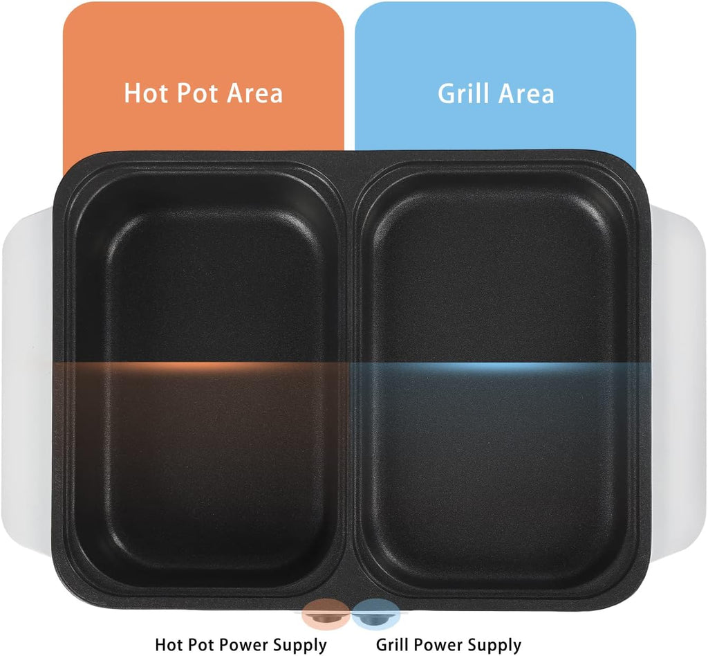 Hot Pot Electric with Grill, 2 in1 Indoor Non-Stick Shabu Shabu Pot & Frying Pan, Portable Mini Hot Pot Korean BBQ w/Individual Dual Temperature Control, 1-3 People