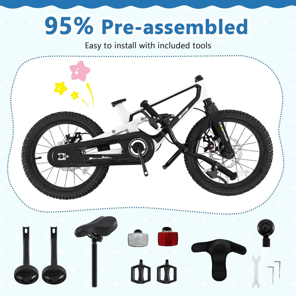 BABY JOY Kids Bike, 16' Magnesium Sporty Bicycle with Dual Disc Brakes, Removable Training Wheels, Body Suspension, Adjustable Handlebar & Saddle, Girls Boys Bike