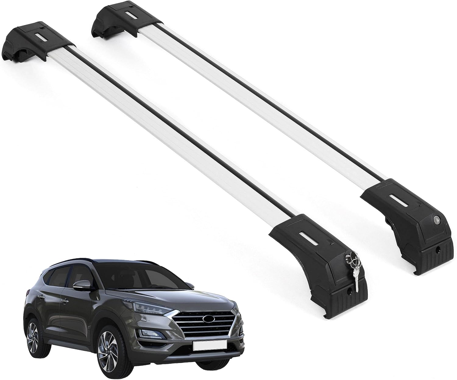ERKUL Roof Rack Cross Bars for Hyundai Tucson 2016-2021 | Aluminum Crossbars with Anti Theft Lock for Rooftop | Compatible with Flush Rails - Silver