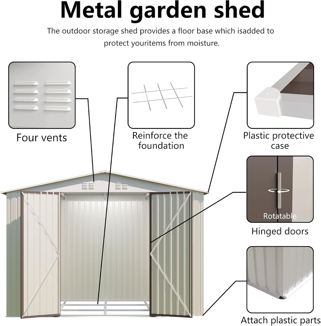 YOPTO 10x8 FT Outdoor Storage Shed with Foundation,Metal Aluminum Tool Sheds,Heavy-Duty Sheds with Sloped Roof, Air Vent and Hinge Doors,Garden Shed Bike Shed for Backyard Patio Lawn,Cream White