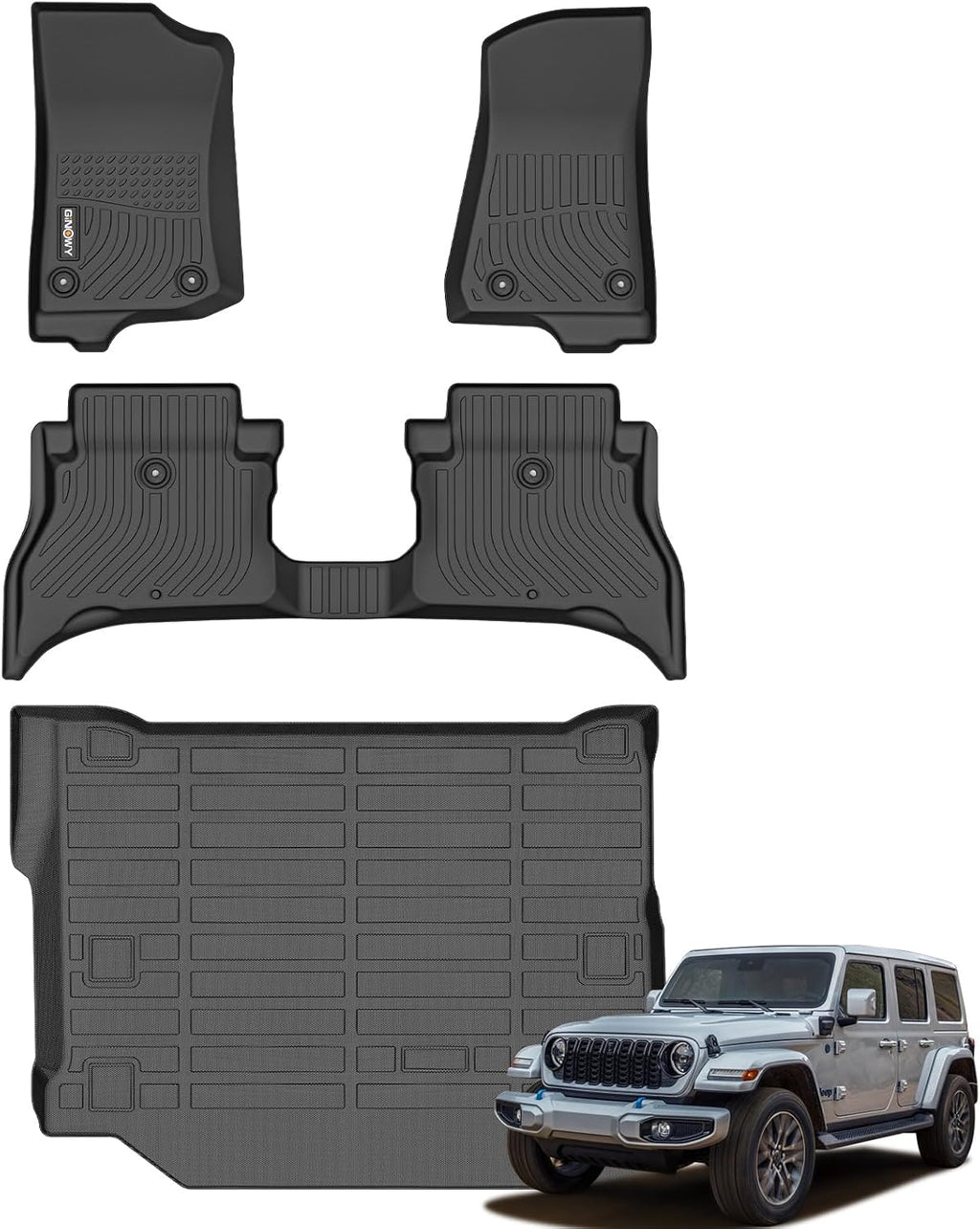 GINOWY-Floor Mats & Cargo Liner for 2021-2026 Jeep Wrangler 4XE Rubicon/Sahara/Sport S/Willys (4 Door, Not for JL or JK) 丨TPE Rubber All Weather Mats Wrangler 4xe Car Accessories Heavy Duty Liners