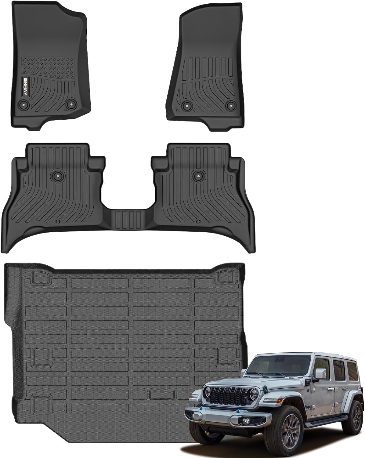 GINOWY-Floor Mats & Cargo Liner for 2021-2026 Jeep Wrangler 4XE Rubicon/Sahara/Sport S/Willys (4 Door, Not for JL or JK) 丨TPE Rubber All Weather Mats Wrangler 4xe Car Accessories Heavy Duty Liners