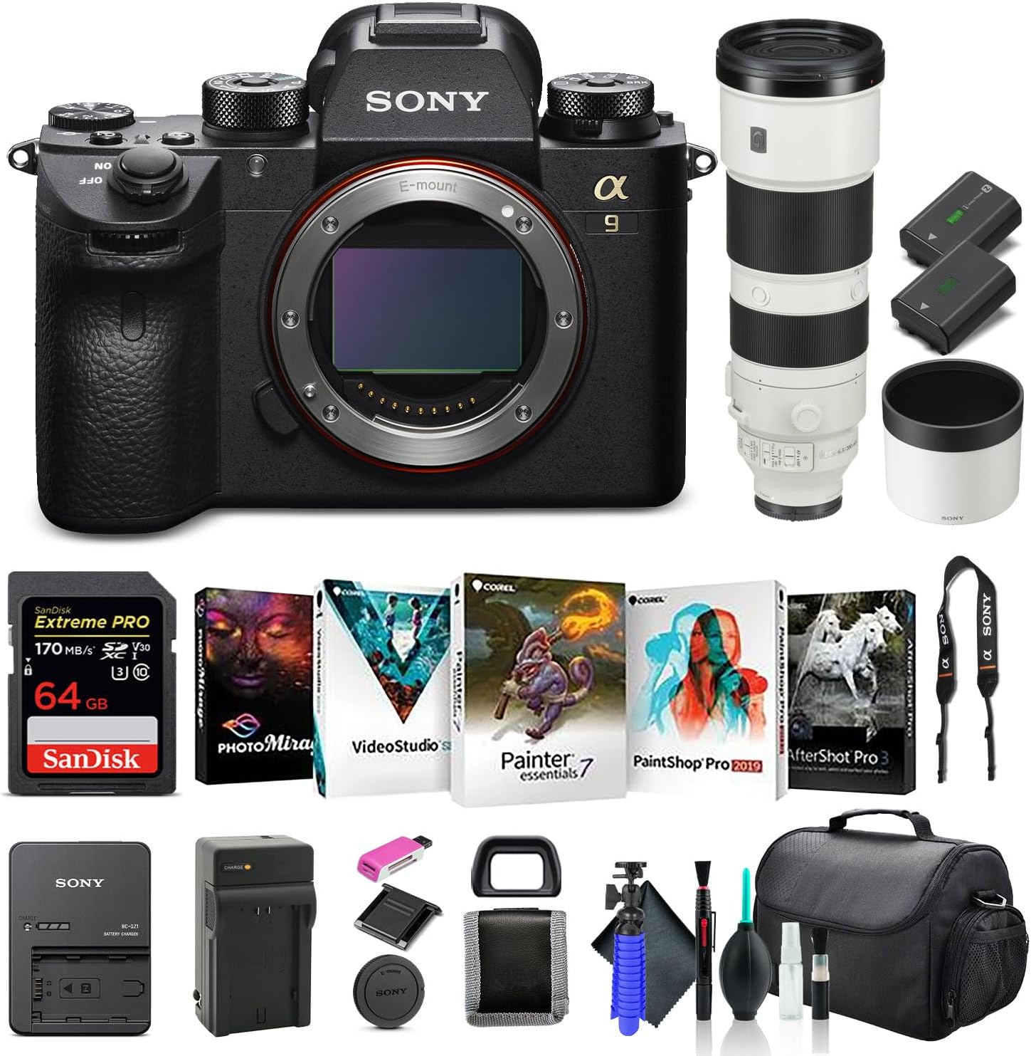Sony Alpha a9 II Mirrorless Digital Camera Body Only ILCE9M2/B, Sony FE 200-600mm Lens, 64GB Memory Card, NP-FZ-100 Battery, Corel Photo Software, Case, External Charger, and More