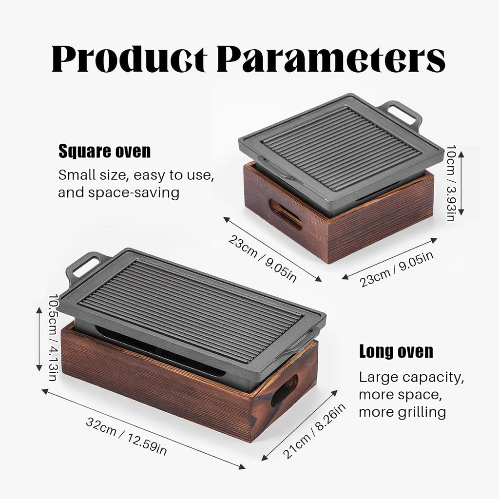 Korean Japanese Barbecue Grill Smokeless Portable BBQ Grill with Wooden Base and Alcohol Tray for Indoor Camping Garden,32 * 21cm