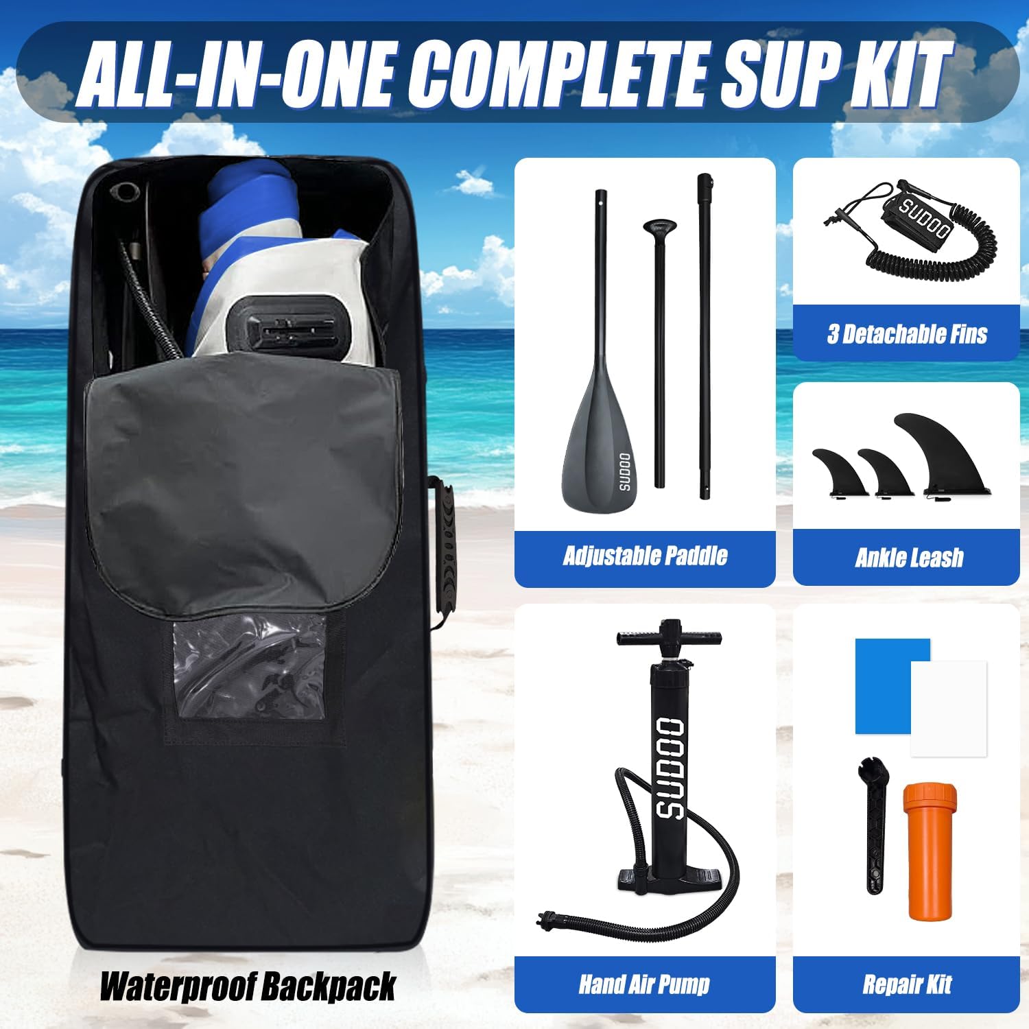 SUDOO Inflatable Stand Up Paddle Board 10'/ 10'6' SUP with Adjustable Paddle Hand Pump Fin Leash Backpack Wide Stable Anti-Slip EVA Deck for Adults & Youth