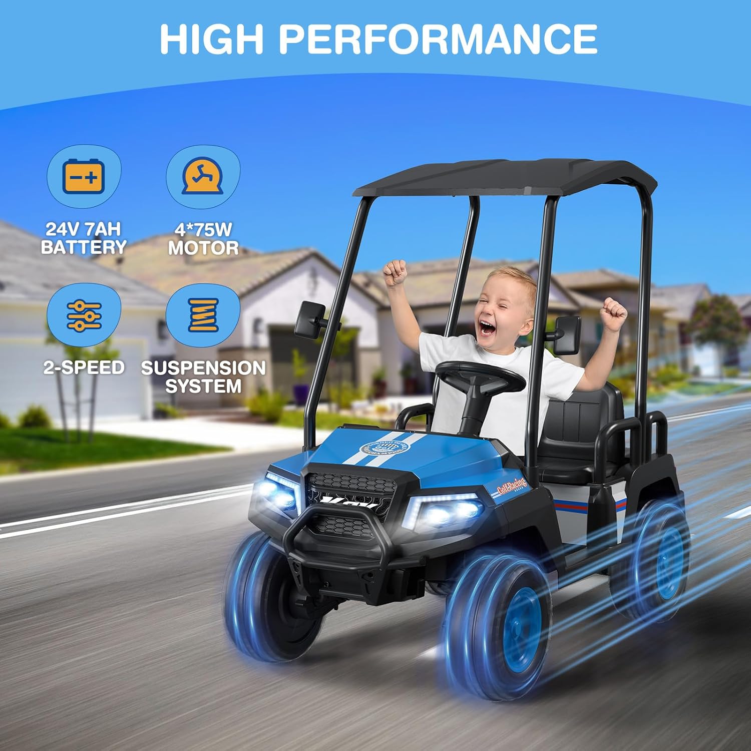 R9 24V Kids Golf Cart, 4 Seats, 4WD Kids Electric Car w/Remote Control, Spring Suspension, Multimedia Functions Including Music, Story, Wireless Connection, Horn, Power Display, Detachable Awning