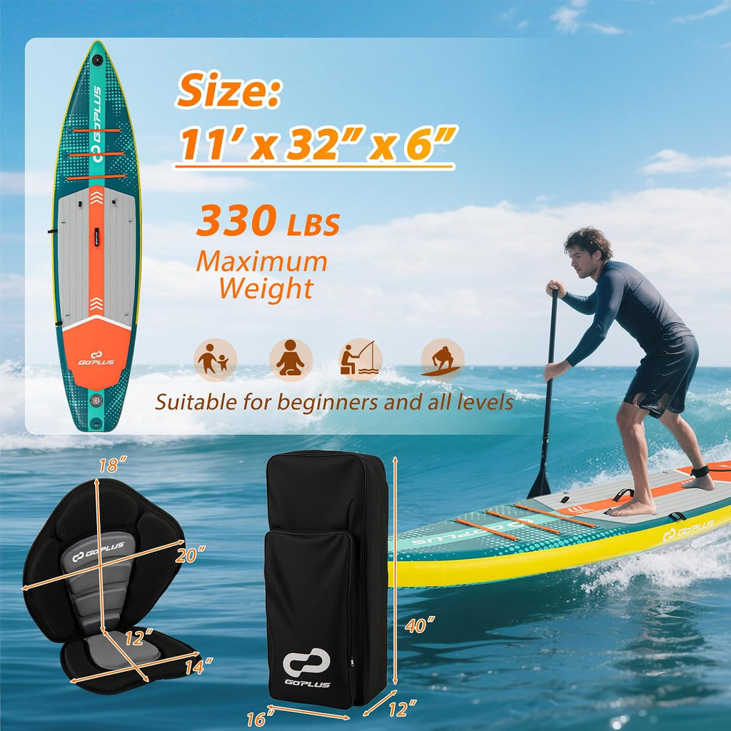 Goplus Inflatable Stand Up Paddle Board for Adults, 11FT SUP w/Premium Kayak Seat, Adjustable Paddle, Leash, Hand Pump, Repair Kit, Waterproof Phone Pouch, Backpack, Non-Slip Deck