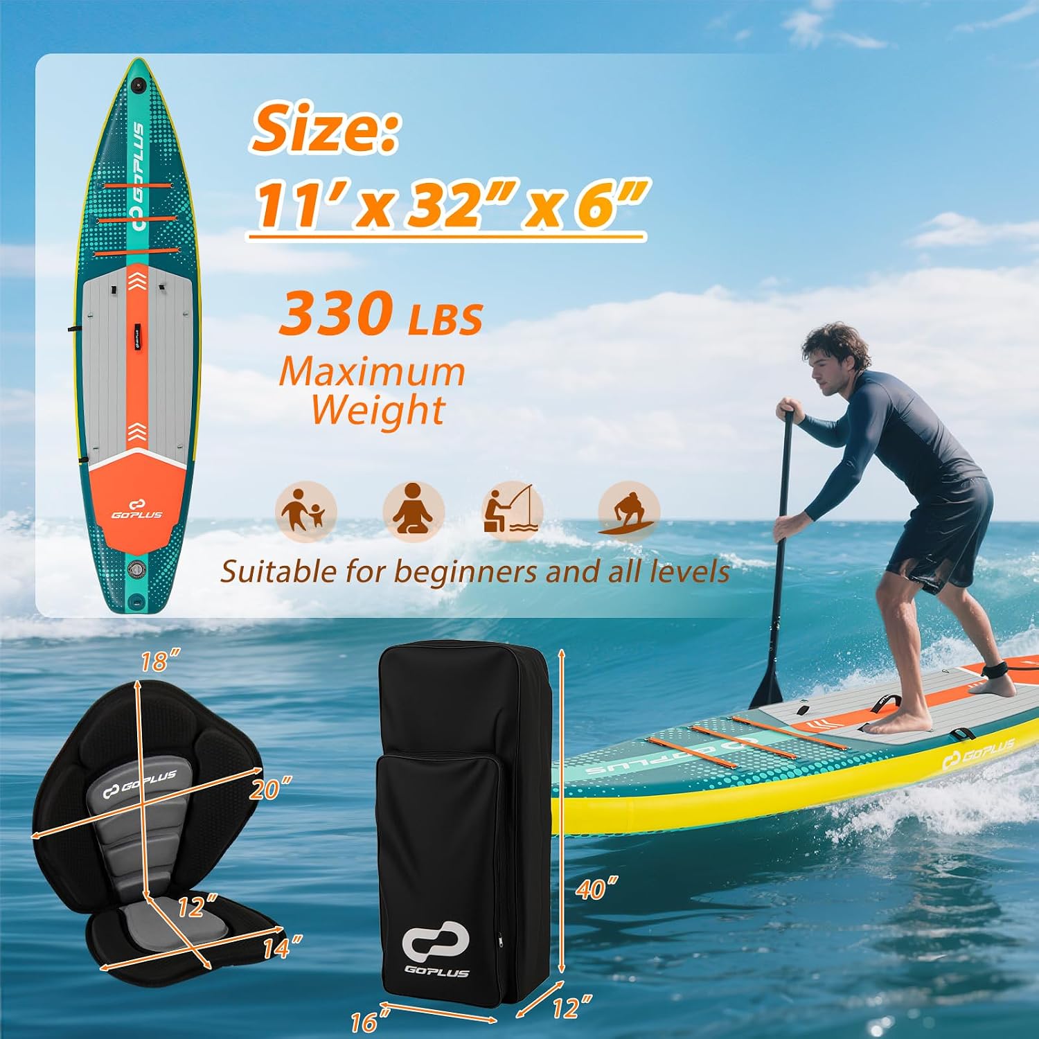 Goplus Inflatable Stand Up Paddle Board for Adults, 11FT SUP w/Premium Kayak Seat, Adjustable Paddle, Leash, Hand Pump, Repair Kit, Waterproof Phone Pouch, Backpack, Non-Slip Deck