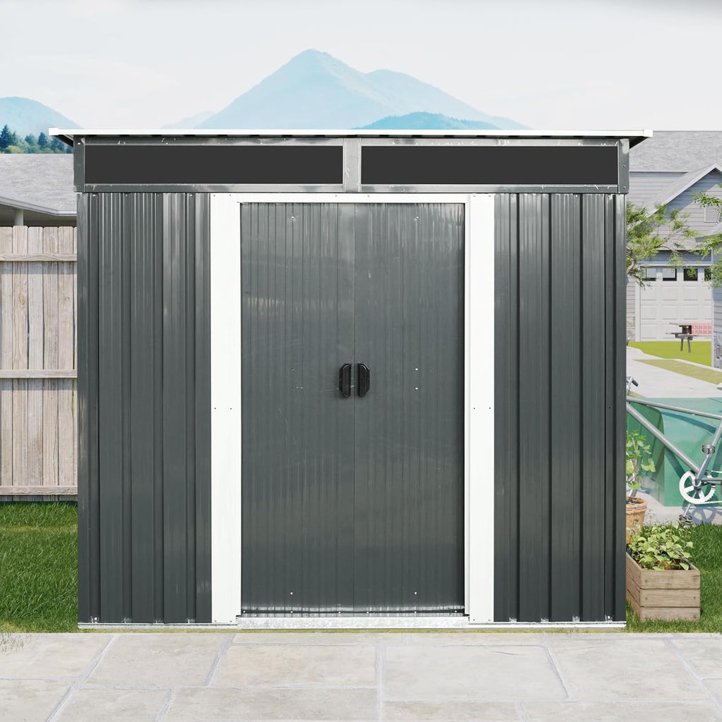 6x5 ft Outdoor Metal Storage Shed with Foundation Frame, Galvanized Steel Tool Shed with Lockable Sliding Door, Transparent Plate and Air Vent, Waterproof Garden Storage House for Backyard, Patio